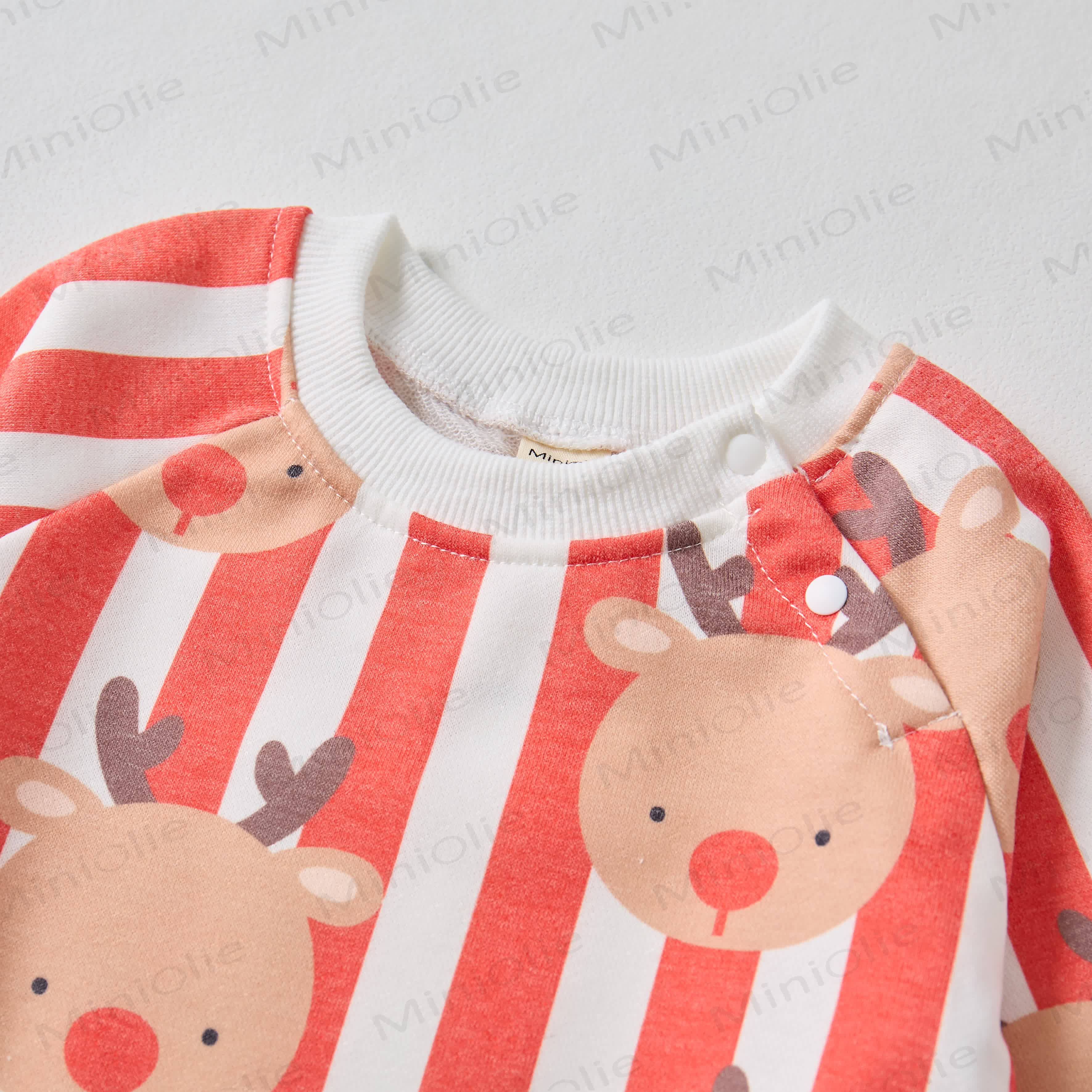 Baby Christmas Elk Red Vertical Striped Beige Romper - image 2