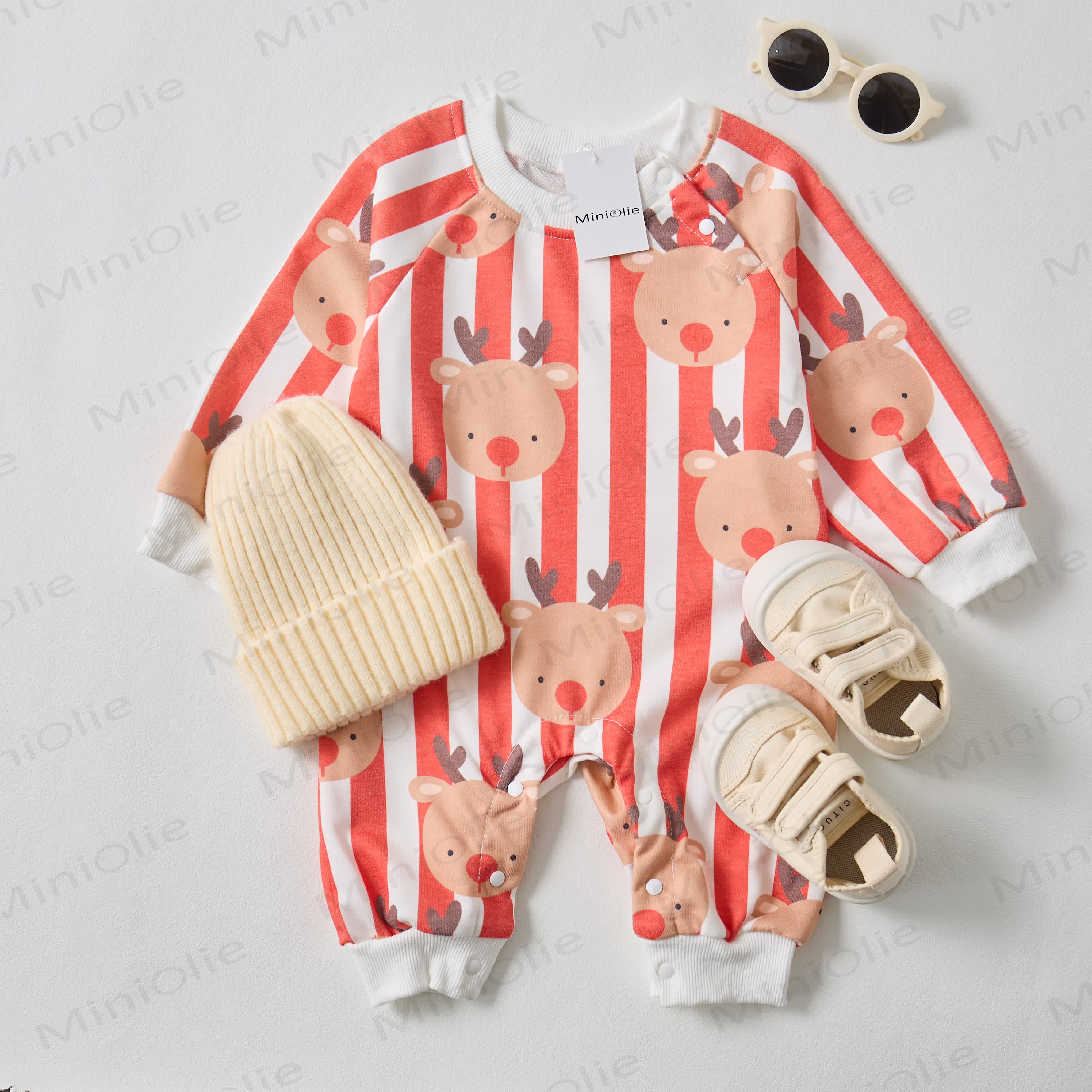 Baby Christmas Elk Red Vertical Striped Beige Romper - White - 2-3T - image 1