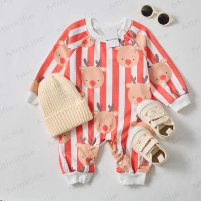 Baby Christmas Elk Red Vertical Striped Beige Romper - White - 2-3T - image 1