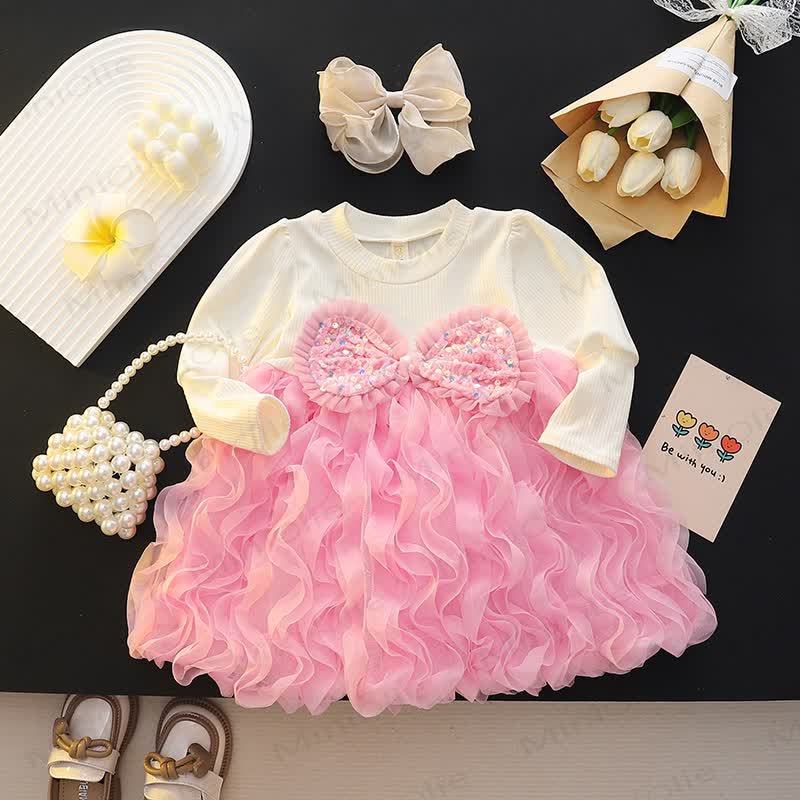 Baby Toddler Girl Bow Sequin Mesh Dress - Pink - 25-36M - image 1