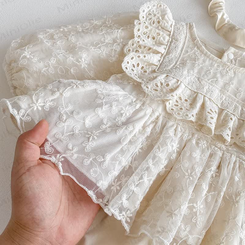 Baby Lace Skirted Beige Bodysuit with Headband - image 7