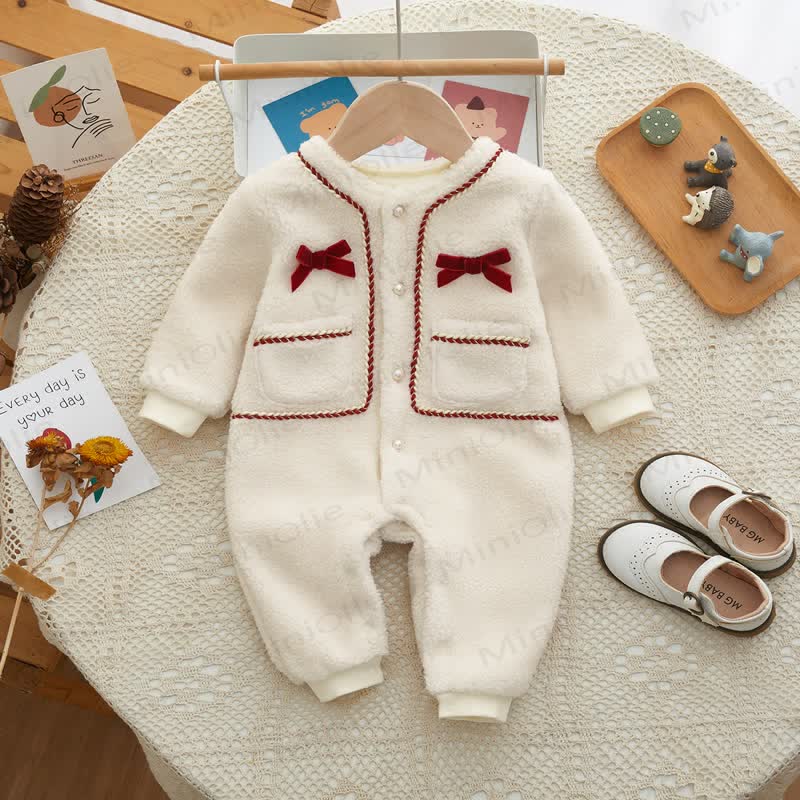 Baby Girl Fleece Bow Romper - White - 18-24M - image 1