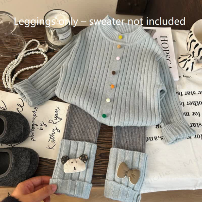 Toddler Kid Girl Knitted Bow Dog Multicolor Buttons Sweater/leggings - Blue Leggings - 12Y - image 3