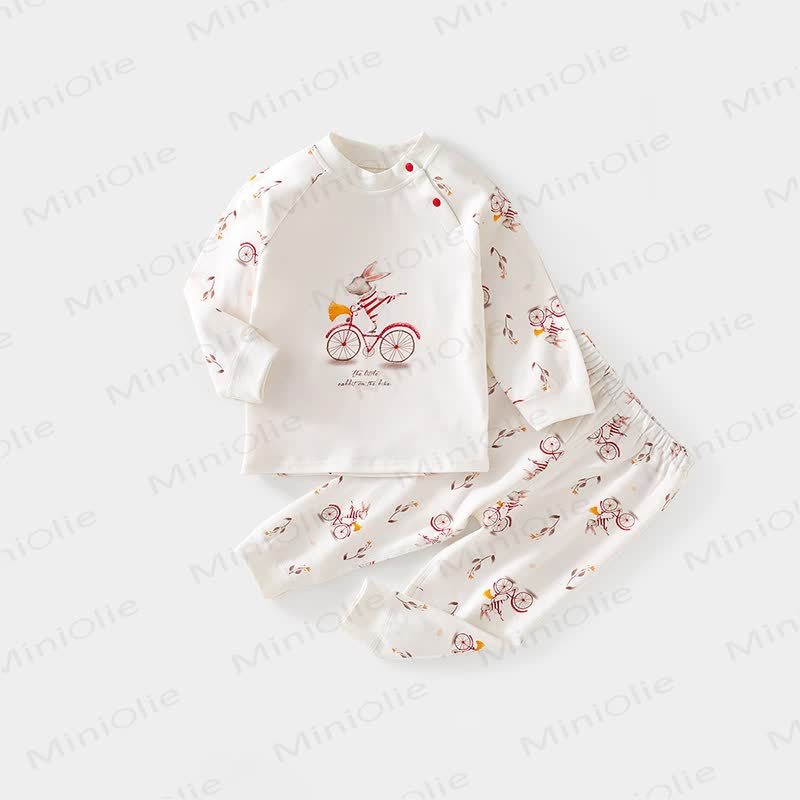 Baby Bicycle Rabbit Print Pajamas 2 Pieces Set - White - 6-12M - image 1