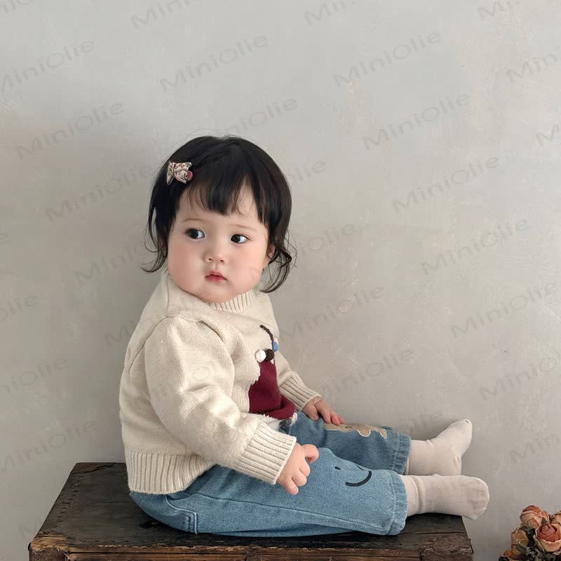 Baby Toddler Girl Knit Apple Sweater & Smiley Bear Denim Pants  - image 2