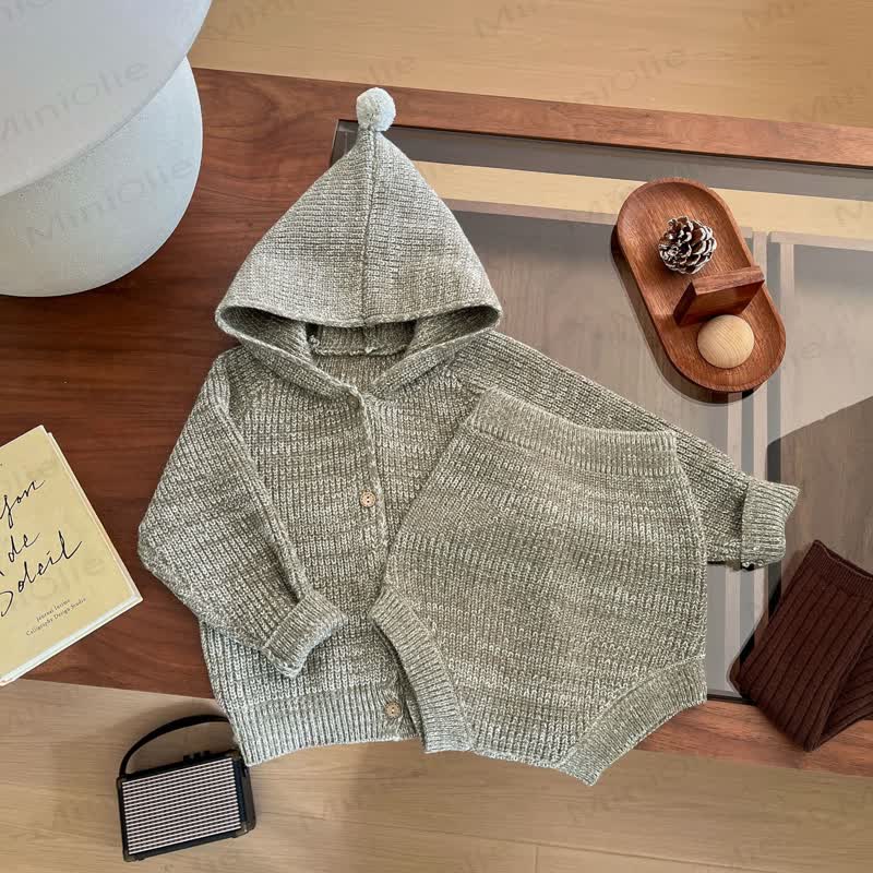 Baby Toddler Knit Hooded Top & Shorts 2-piece Set - Green - 3-5T - image 4