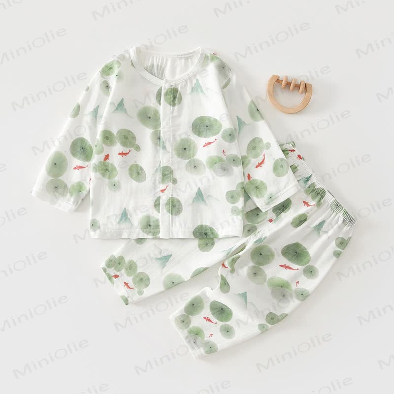 Baby Lotus Leaf Print Pajamas 2 Pieces Set - White - 2-3T - image 1