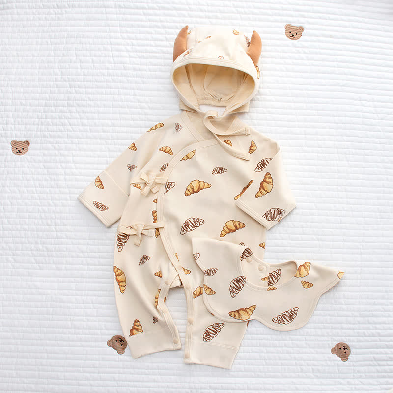Baby Croissant Print Newborn Romper - Beige - 6-12M - image 1