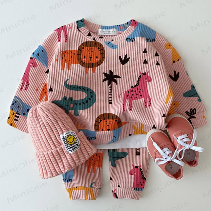 Baby Waffle Lovely Cartoon Animals Sweatshirt 2-piece Pink Set - Pink - 18-24M - image 1