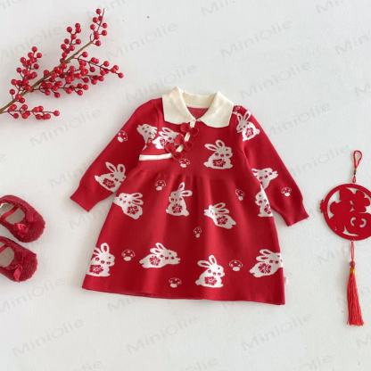 Baby Toddler Girl Red Bunny Knit Bow Dress - image 3