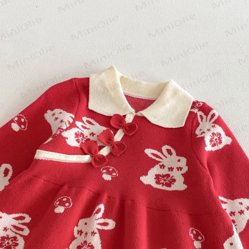 Baby Toddler Girl Red Bunny Knit Bow Dress - image 7