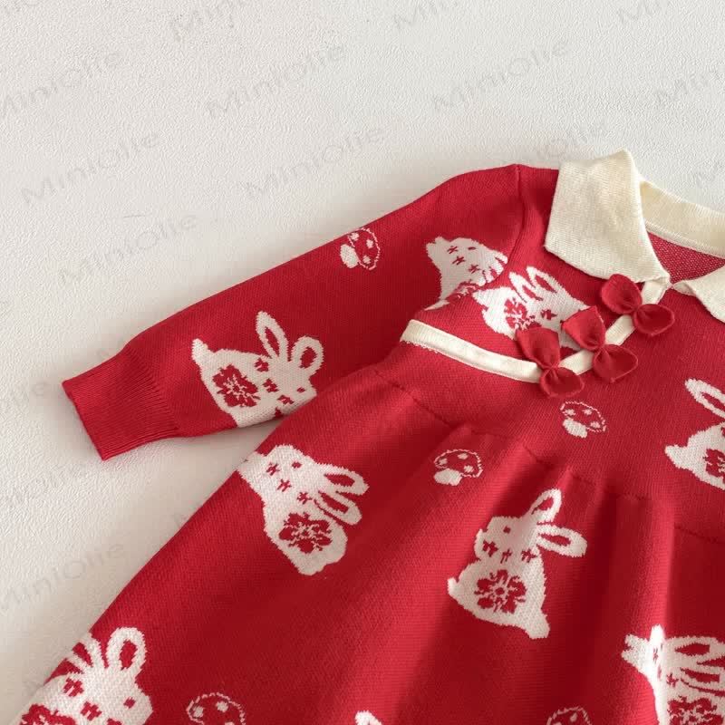 Baby Toddler Girl Red Bunny Knit Bow Dress - image 6