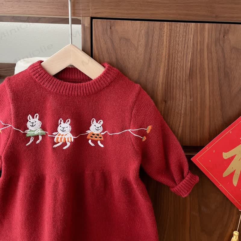 Baby Toddler Girl Red Bunny Knit Dress - image 4