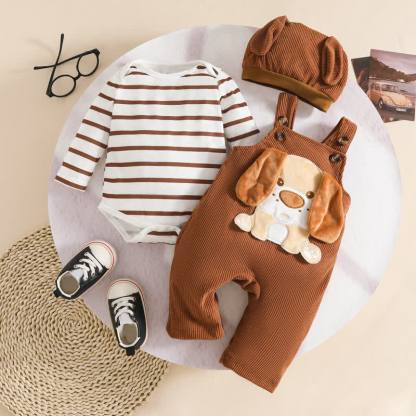 Baby Boy Animal Cord Overalls & Stripe Bodysuit With A Hat - Coffee - 12-18M - image 2