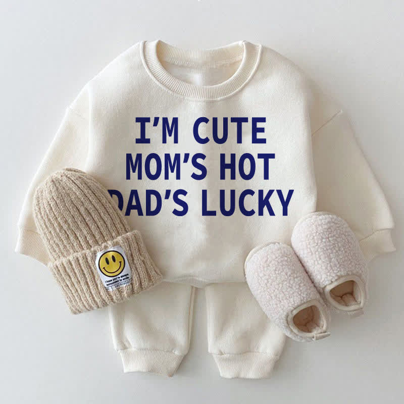 I'M CUTE MOM'S HOT DAD'S LUCKY Baby White Sweatshirt 2-piece Set - White - 2-3T - image 1