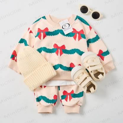 Baby Christmas Wreath Sweatshirt 2-piece Beige Set - image 2