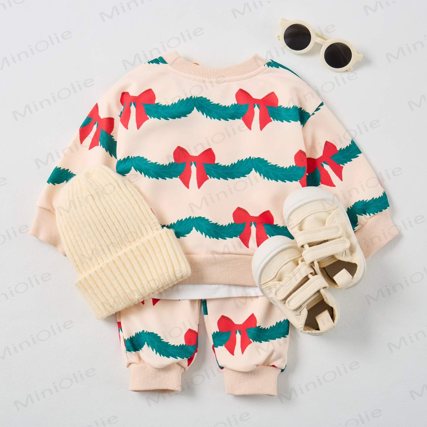 Baby Christmas Wreath Sweatshirt 2-piece Beige Set - image 7