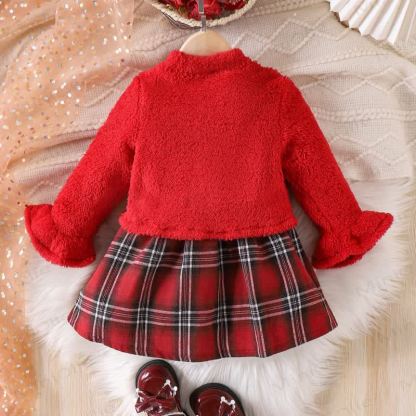 Baby Girl Plaid Bow Fur Dress - image 2