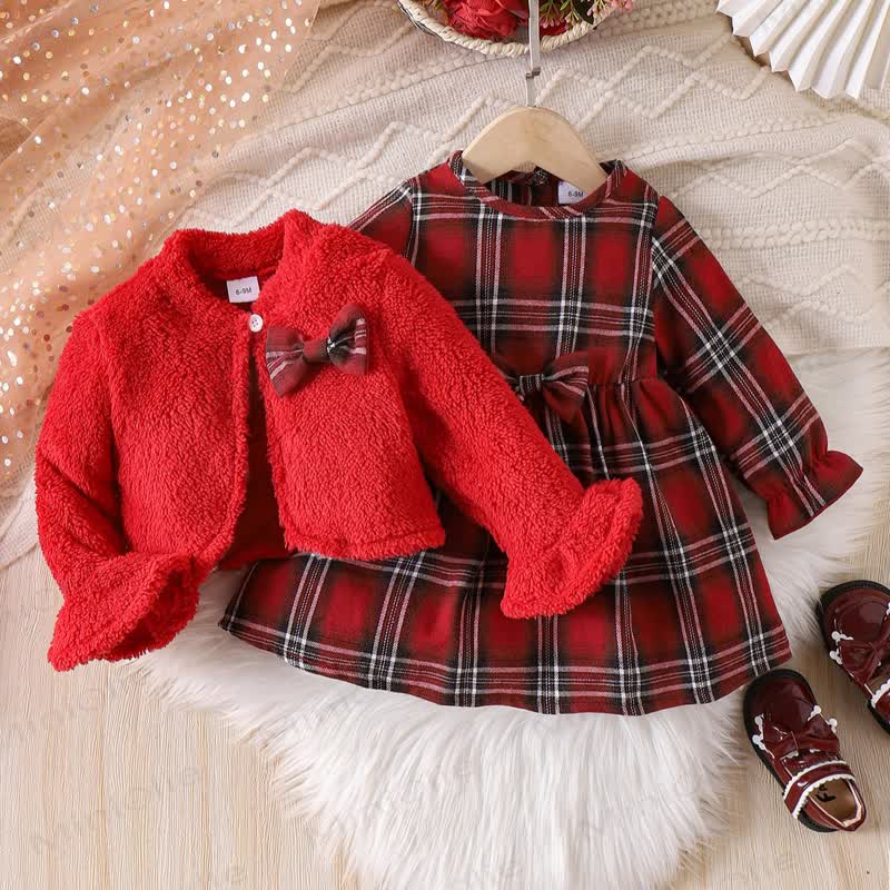 Baby Girl Plaid Bow Fur Dress - image 3