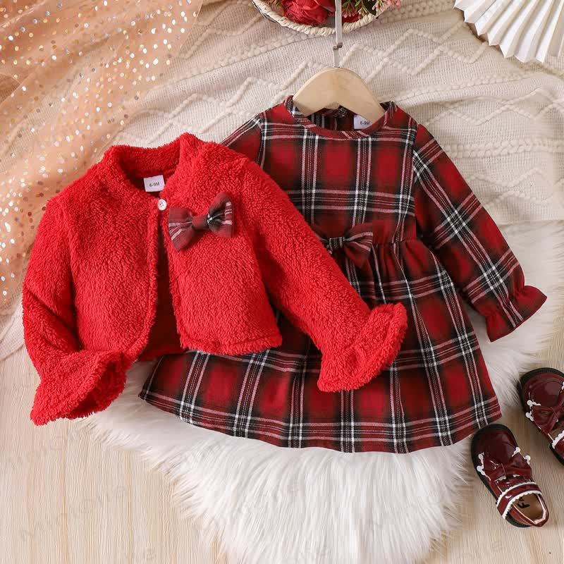 Baby Girl Plaid Bow Fur Dress - image 3