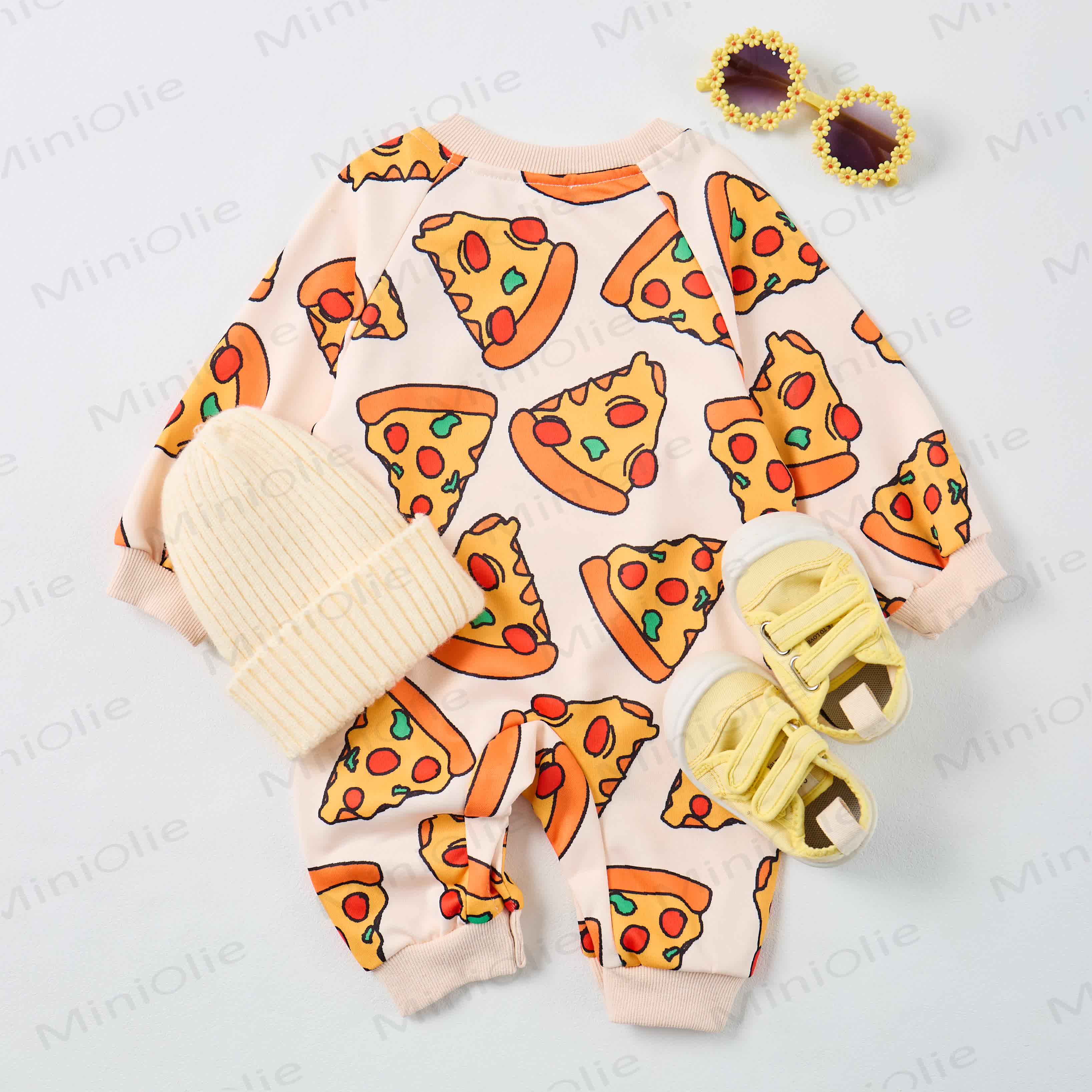 Baby Funny Pizza Print Beige Romper - image 9