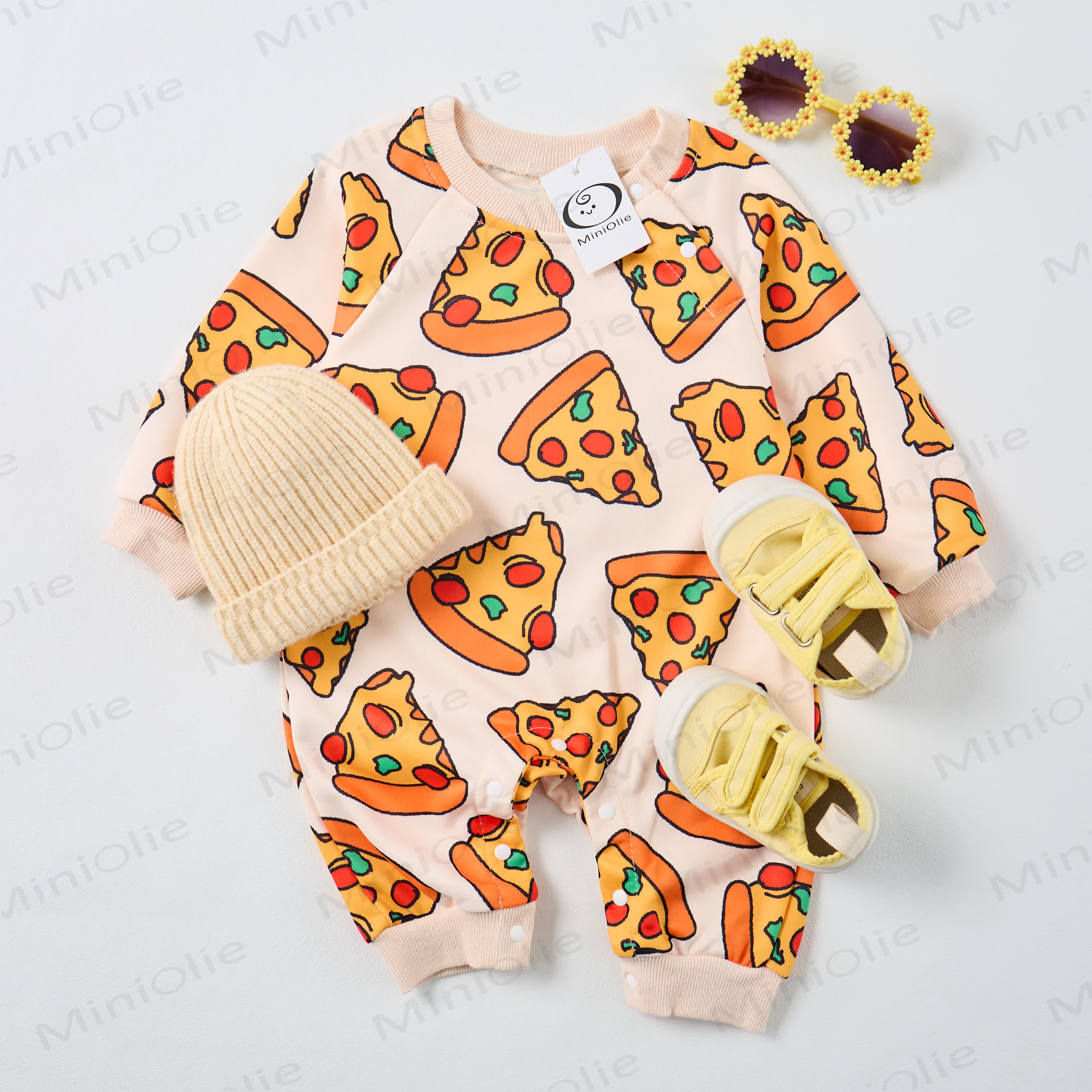 Baby Funny Pizza Print Beige Romper - image 2