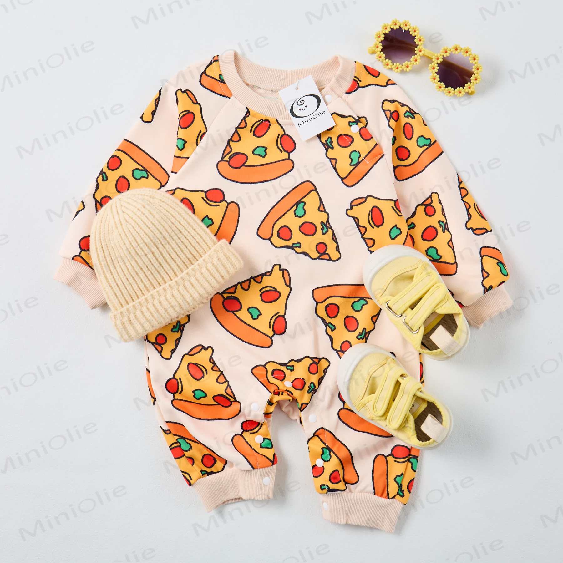 Baby Funny Pizza Print Beige Romper - image 2