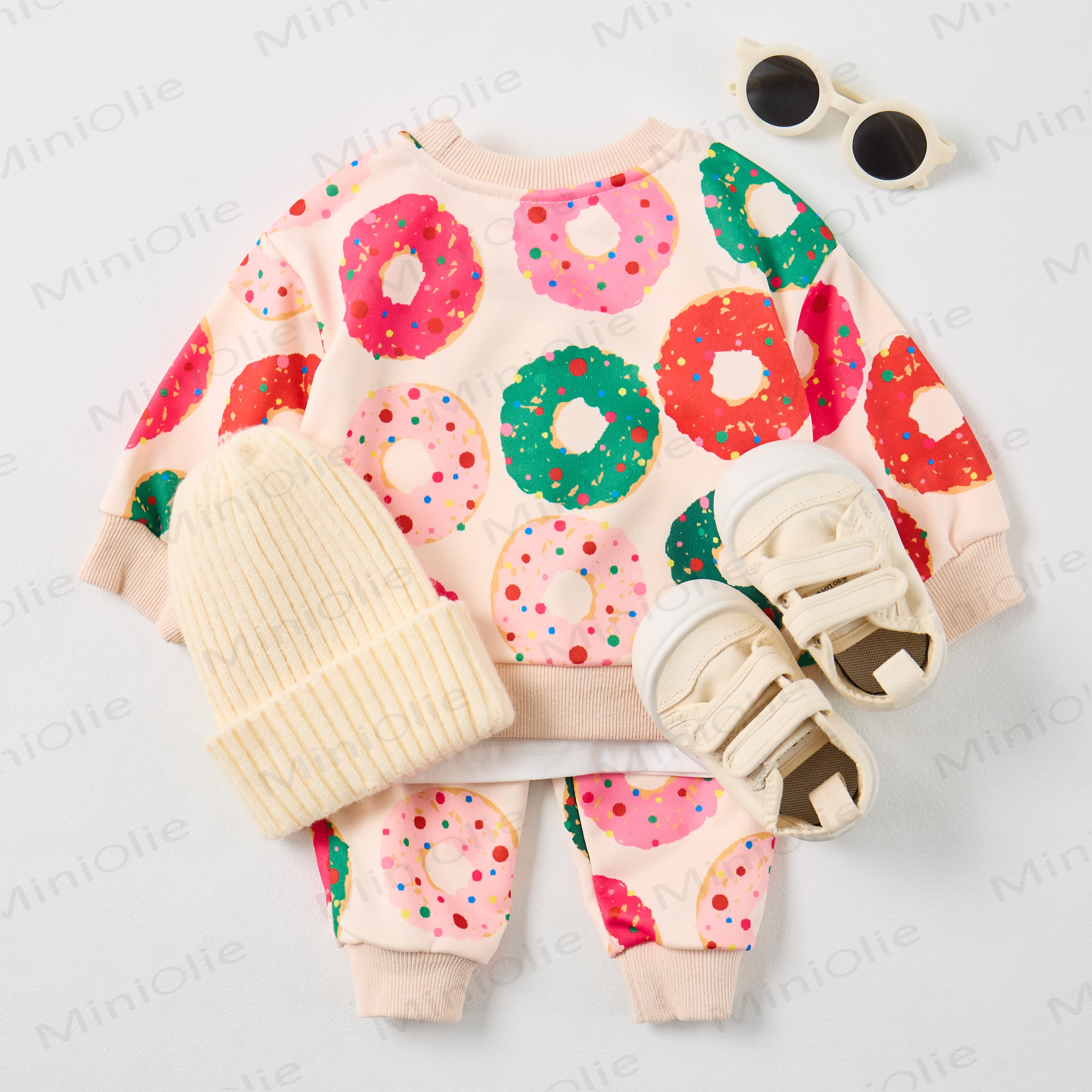 Baby Christmas Colored Donuts Sweatshirt 2-piece Beige Set - image 7