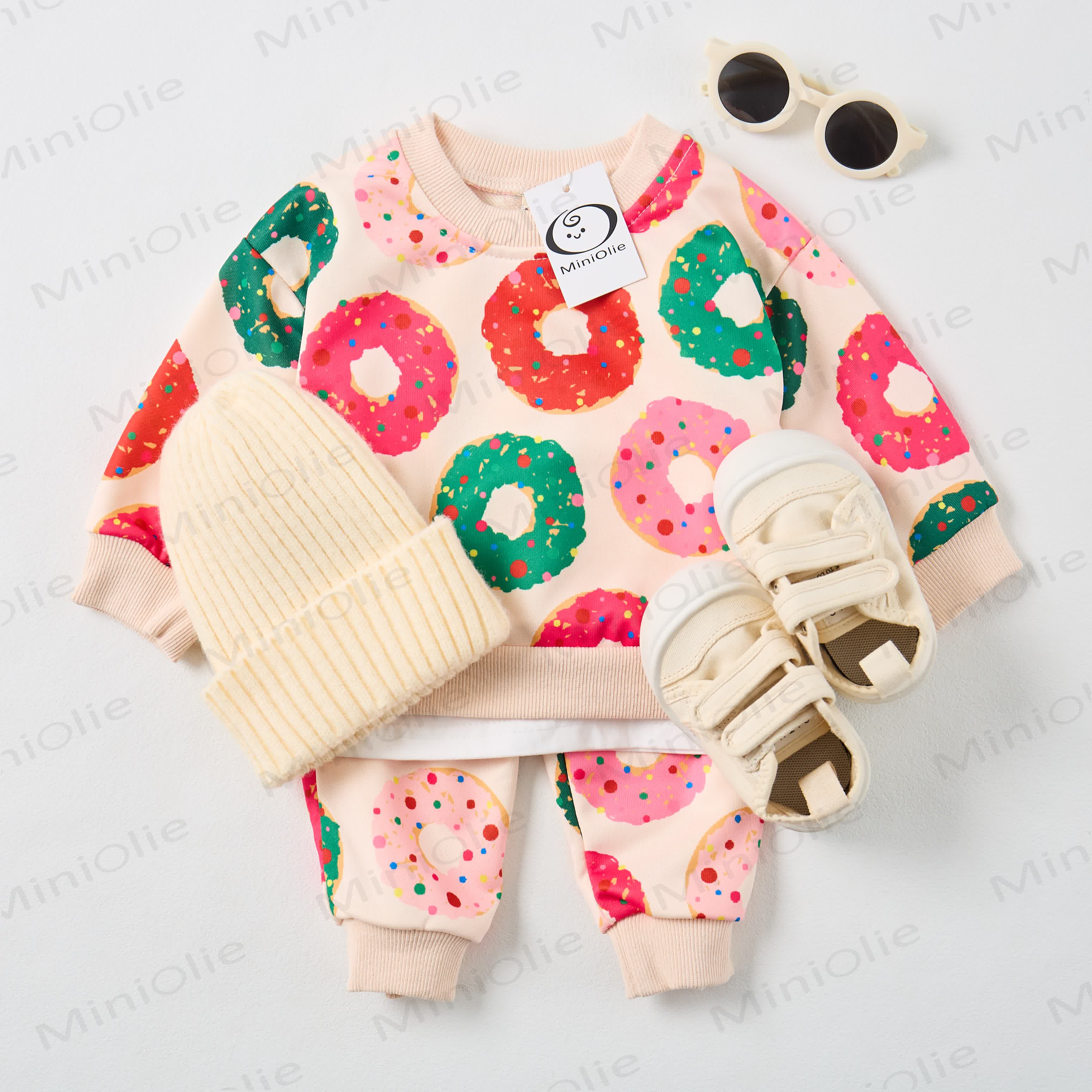 Baby Christmas Colored Donuts Sweatshirt 2-piece Beige Set - image 2