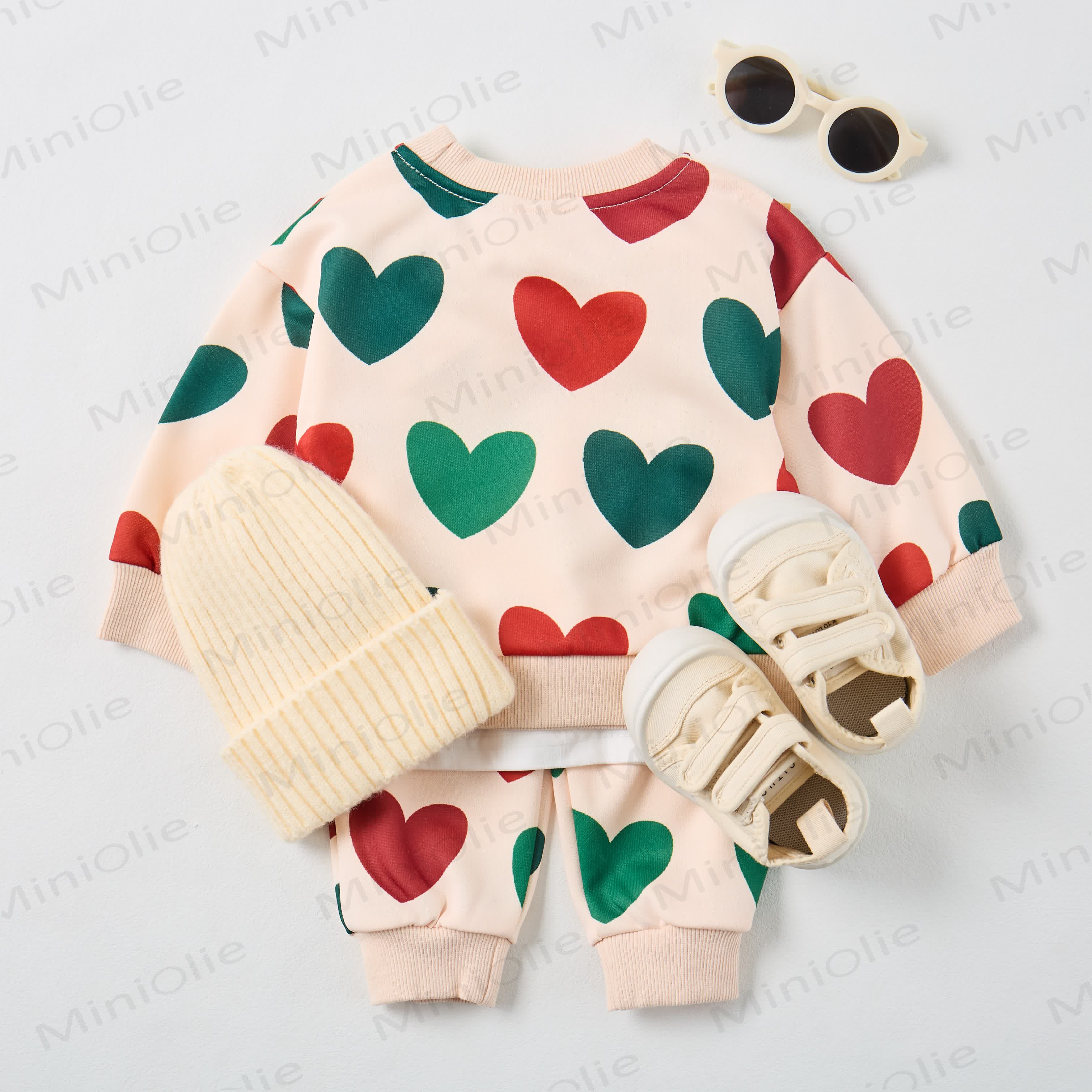 Baby Colorful Hearts Sweatshirt 2-piece Beige Set - image 7
