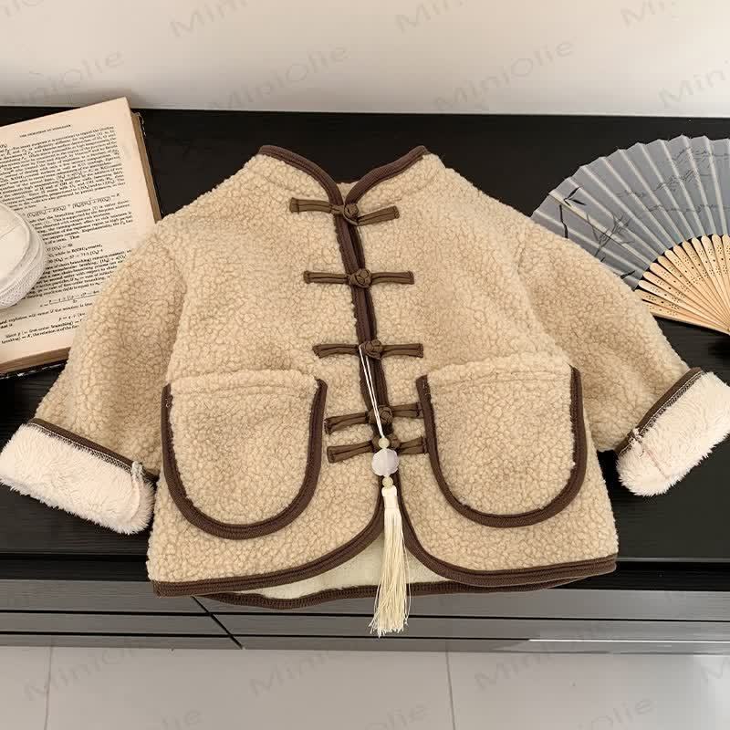 Kid's Retro Solid Color Fleece Outerwear - Beige - 12Y - image 5