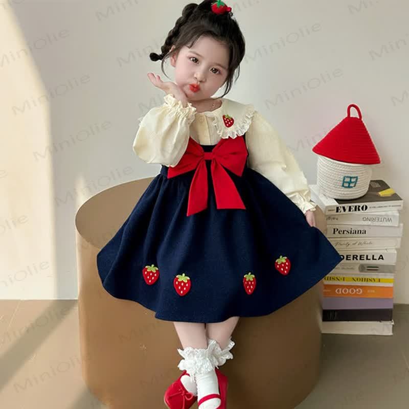 Toddler Kid Girl Strawberry Bow Dress - Navy Blue - 7-8T - image 1