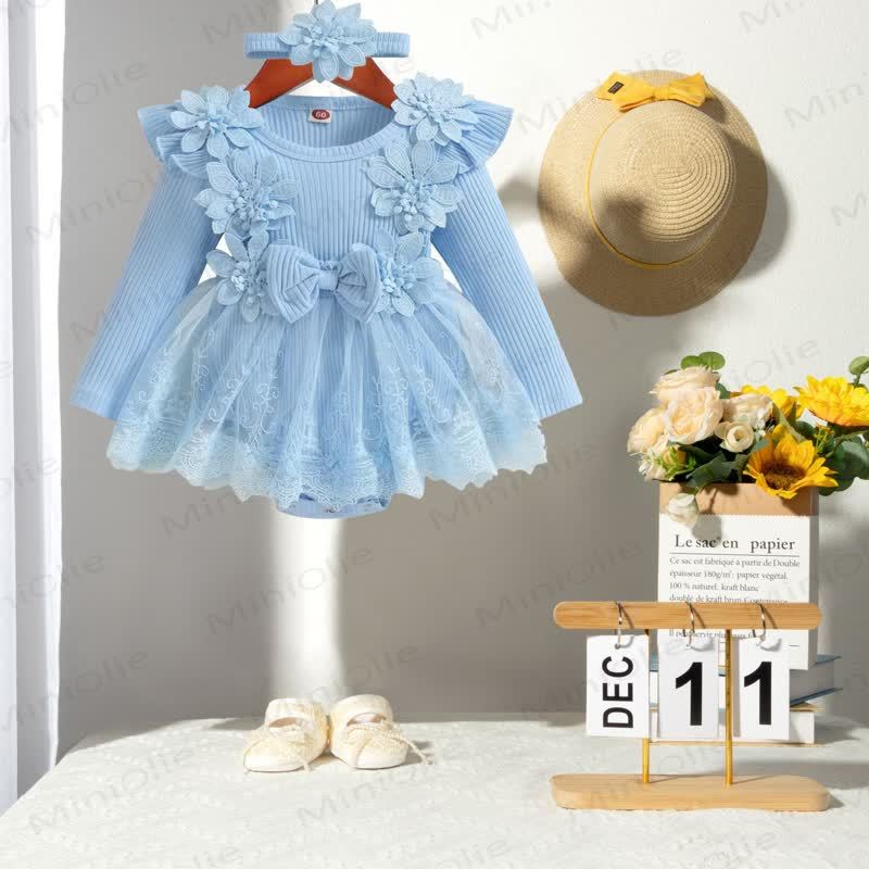 Baby Girl Bow Flower Flying Sleeves Lace Romper Dress - image 1