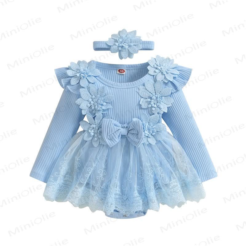 Baby Girl Bow Flower Flying Sleeves Lace Romper Dress - Blue - 12-18M - image 2
