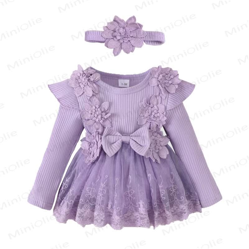Baby Girl Bow Flower Flying Sleeves Lace Romper Dress - Purple - 12-18M - image 6