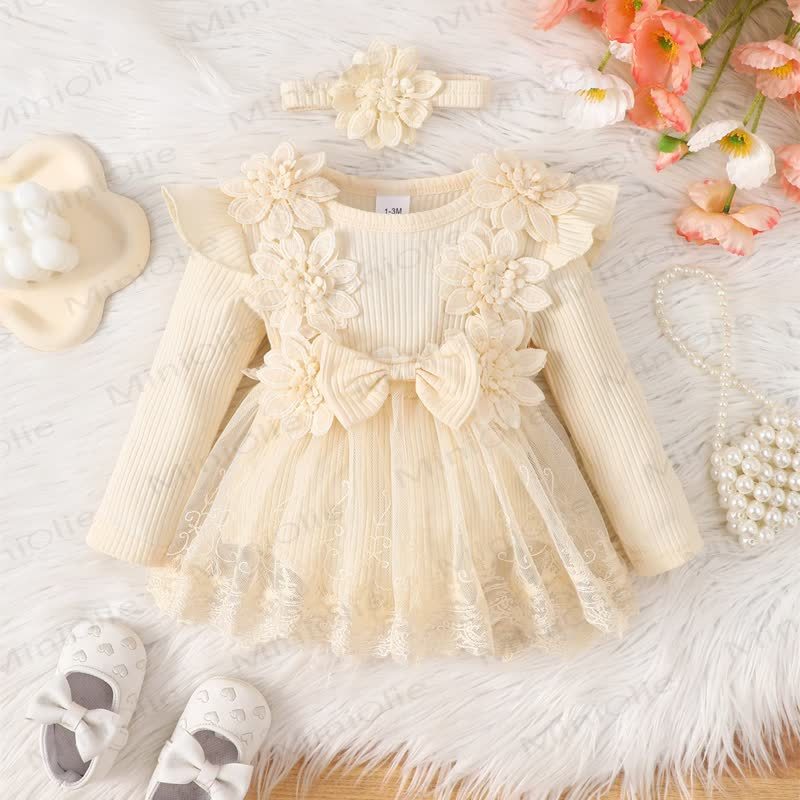 Baby Girl Bow Flower Flying Sleeves Lace Romper Dress - image 12