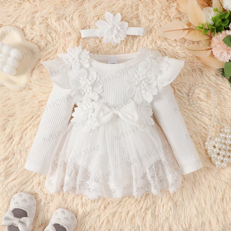 Baby Girl Bow Flower Flying Sleeves Lace Romper Dress - image 8
