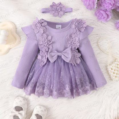 Baby Girl Bow Flower Flying Sleeves Lace Romper Dress - image 4