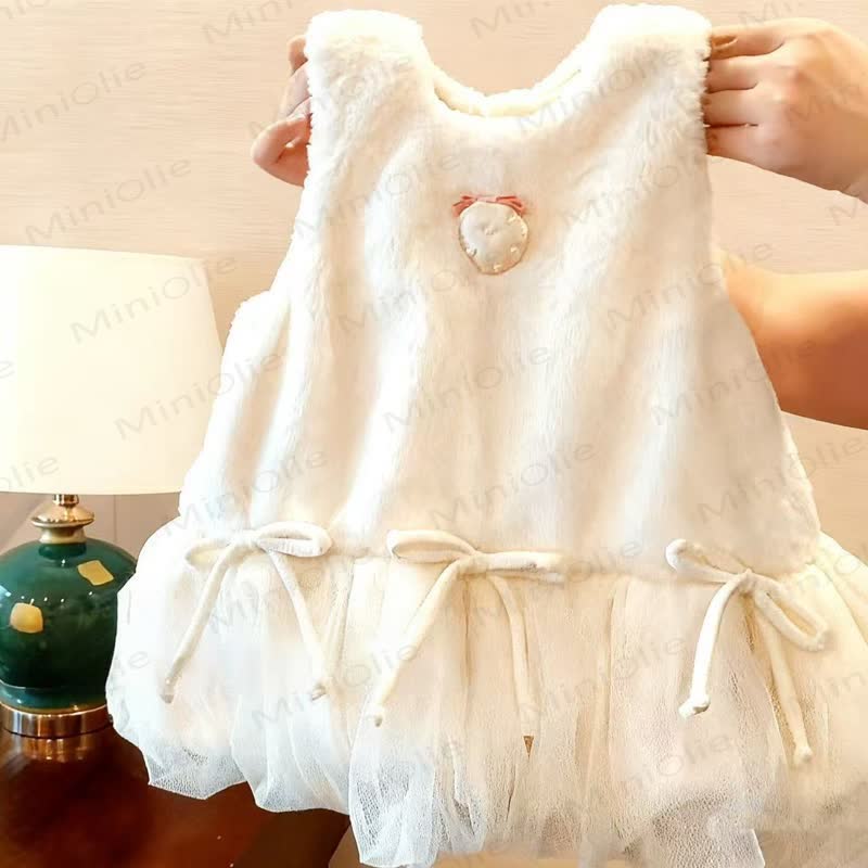 Toddler Girl Fleece Lined Strawberry Bow Fur Dress/ Pink Top - Beige Fur Dress - 8Y - image 3