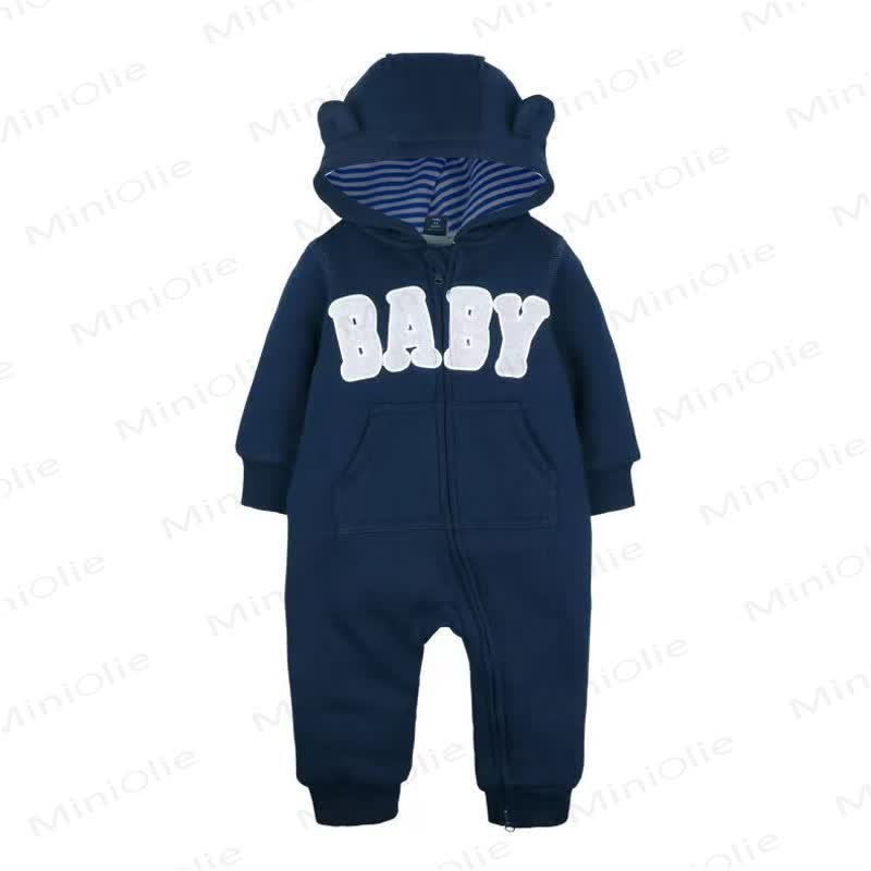 Baby 'BABY' Slogan Printed Hooded Romper - Navy Blue - 18-24M - image 3