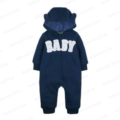 Baby 'BABY' Slogan Printed Hooded Romper - Navy Blue - 18-24M - image 3