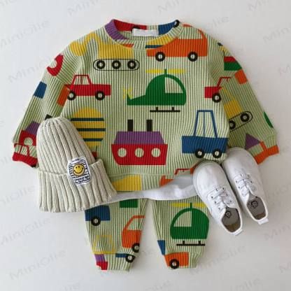 Baby Waffle Colorful Transportation Sweatshirt 2-piece Green Set - Green - 18-24M - image 1