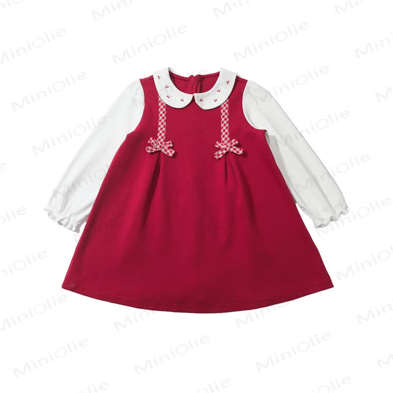 Toddler Girl Plaid Bow Cherry Baby Collar Dress - Red - 6-7T - image 1