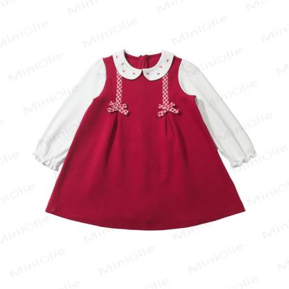 Toddler Girl Plaid Bow Cherry Baby Collar Dress - Red - 6-7T - image 1
