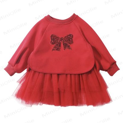 Toddler Girl Sequins Bow Mesh Dress - Red - 8Y - image 1