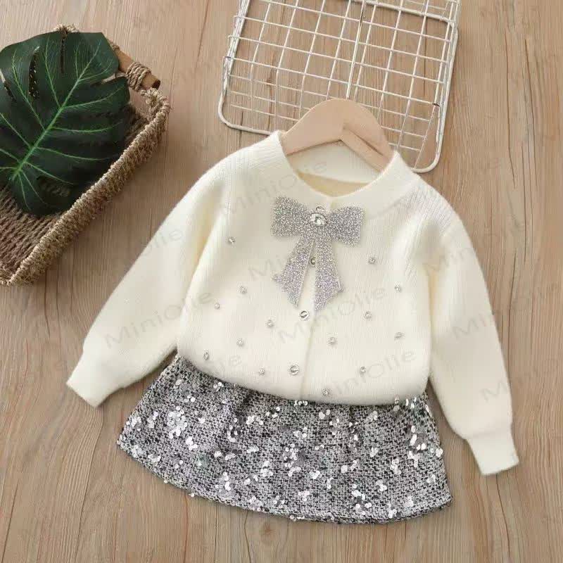 Toddler Girl Bow Knit Cardigan & Sequins Skirt - White Set - 8Y - image 2