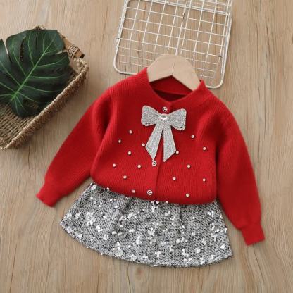 Toddler Girl Bow Knit Cardigan & Sequins Skirt - Red Set - 8Y - image 1