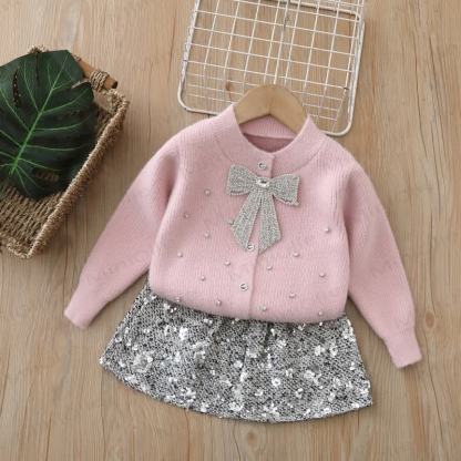 Toddler Girl Bow Knit Cardigan & Sequins Skirt - Pink Set - 8Y - image 3