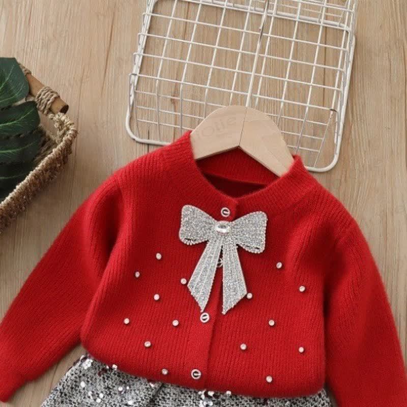 Toddler Girl Bow Knit Cardigan & Sequins Skirt - Red Cardigan - 8Y - image 4