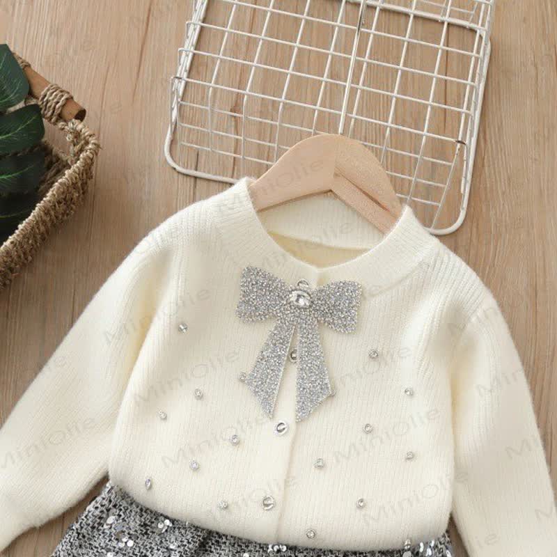 Toddler Girl Bow Knit Cardigan & Sequins Skirt - White Cardigan - 8Y - image 5